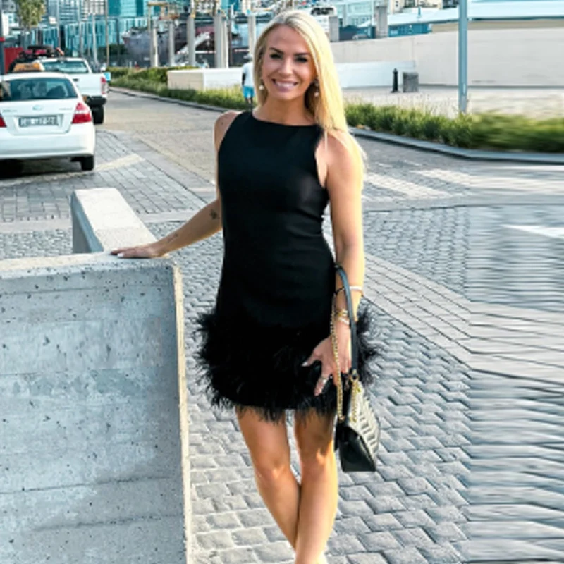 HXAO Black Feather Dress Womens Dresses Autumn 2025 Elegant Party Dresses Mini Elastic Sleeveless Sundress Chic Evening Vestidos S148a75aaded4409a89a5cf8534575984G