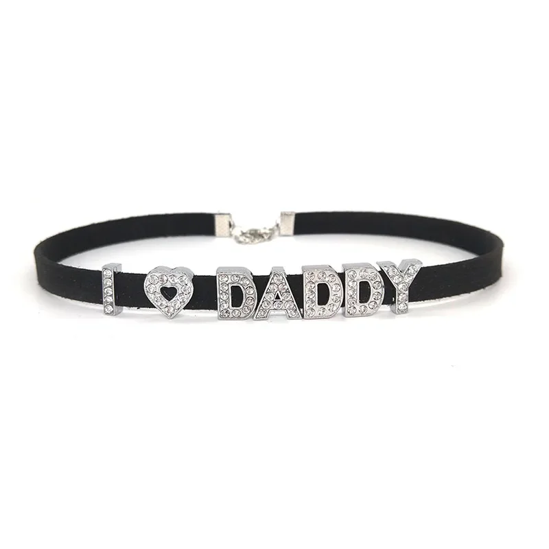 Harajuku Rhinestone Letter I love DADDY Choker Necklace for Women Custom Name Necklaces Leather Collar Cosplay DIY Jewelry ddlg leather collar sticker diamond love daddy shiny gold powder pu necklace