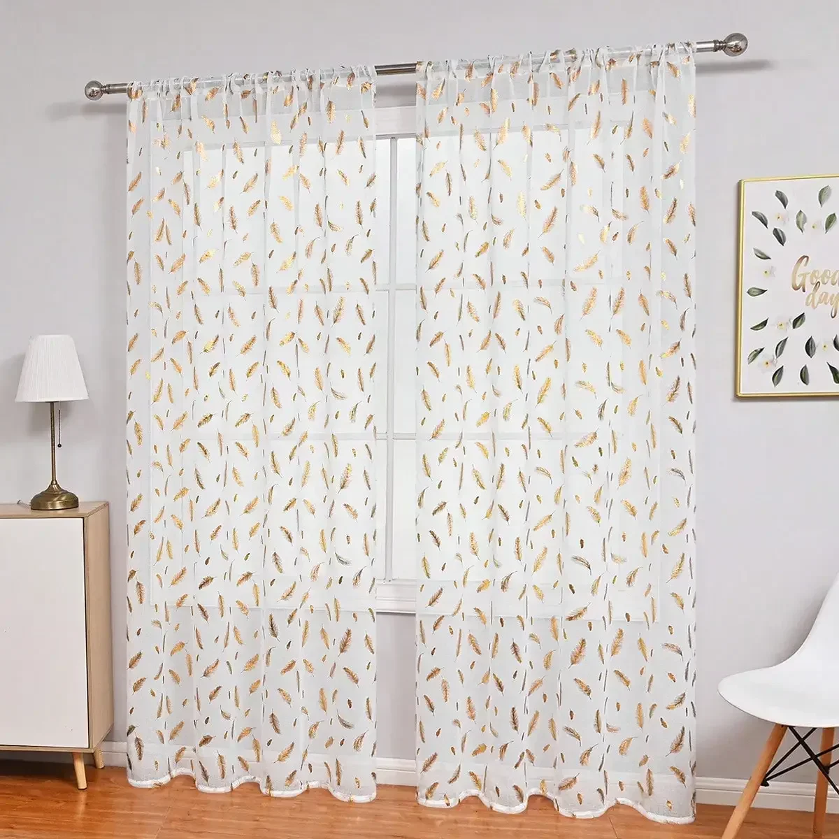 1pc Hot stamping Sheer Curtain, Gilded Feather Pattern Window Curtains for Room