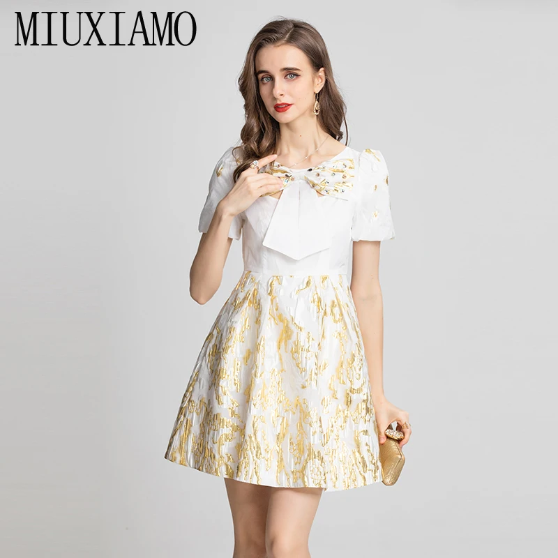 

MIUXIMAO 2022 High Quality Spring&Summer Elegant Dress Short Sleeve O-Neck Print Fashion MIni Dress Women Vestides