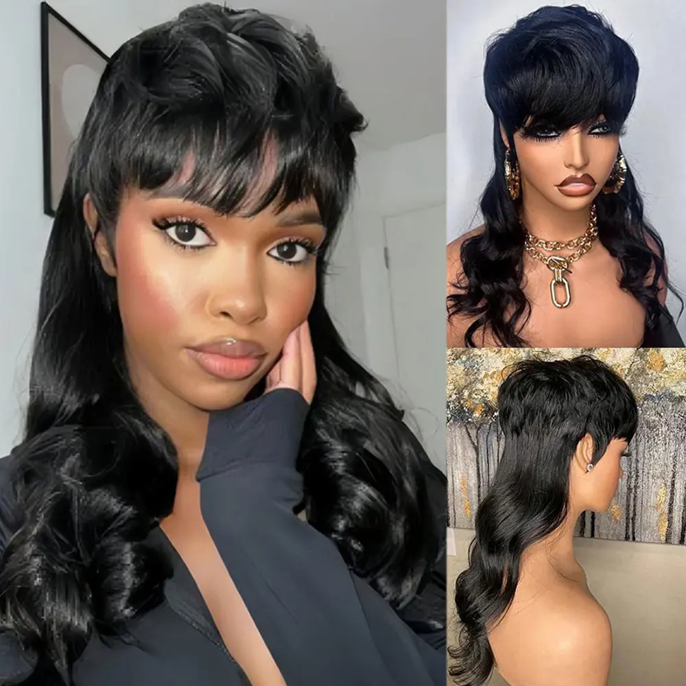 Natural Black Body Wave Full Machine Made Wigs For Black Women Glueless Dovetail Human Hair Mullet Wig Pixie Cut Glueless Wig