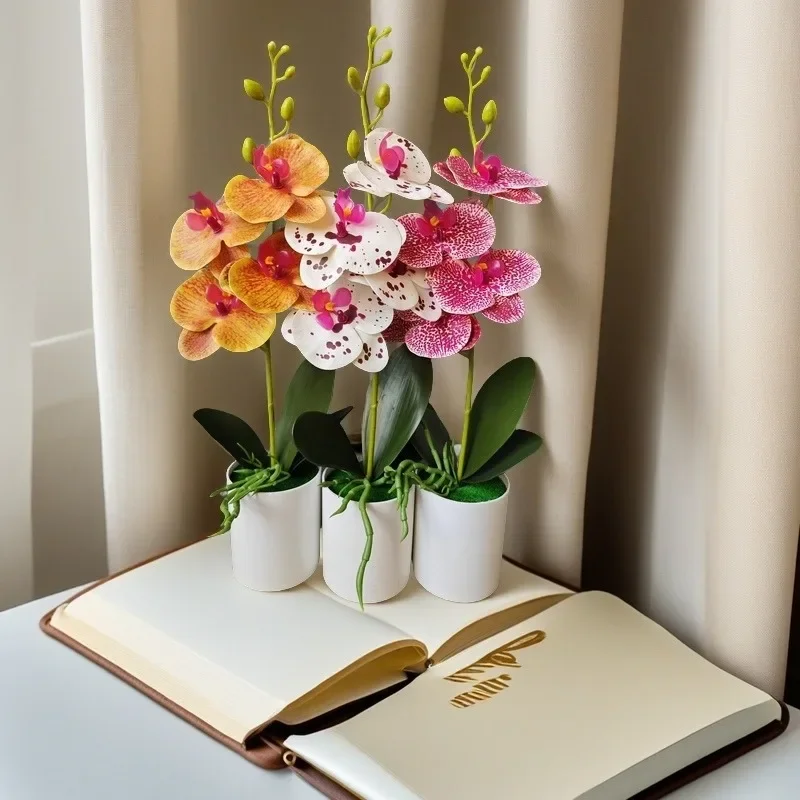 Simulierte Orchideen-Topfpflanzen mit 4 Blumen, geeignet für Schlafzimmer, Büro, Party, Hochzeit, Dekoration, Topfpflanzen, Bonsai, einschließlich Töpfe – Detail 1