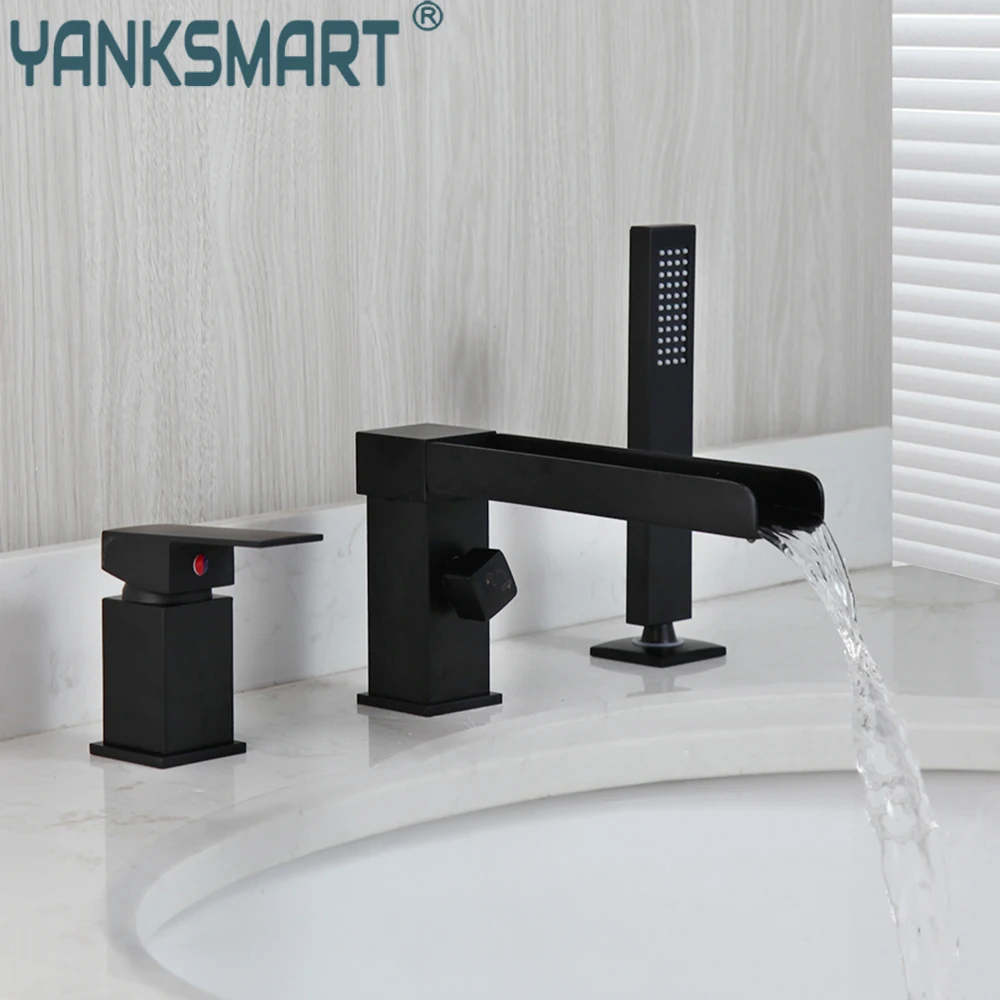 

YANKSMART 3 Pcs Matte Black Bathtub Shower Faucet Set Double Handles Control Deck Mounted Waterfall Basin Faucet Mixer Water Tap