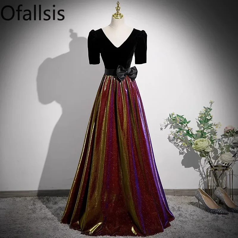 

Ofallsis Black V neck Puff Sleeve Long Banquet Evening Dress Women's 2023 New Noble Elegant Slim Medium Sleeves Host Dresses