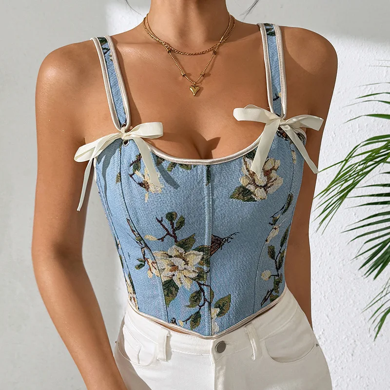 Sexy Strap Bra Tops French Style Floral Printing Retro Vest Style Double Strap Sling Chest Support Body Shapewear Vintage Corset