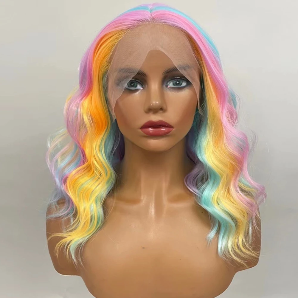 Synthetic Lace Front Breakdown Free Wigs For Women Rainbow Short Wavy Fashion Natural Hair High Temperature Fiber Daily/Cosplay high voltage leakage wire withstand voltage tester voltage breakdown tester