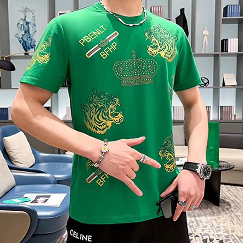 

2022 Summer Green T Shirts Mens Luxury Unusual Clothes Products Stylish Designer Oversized Clothing For Mens Streetwear Tiger