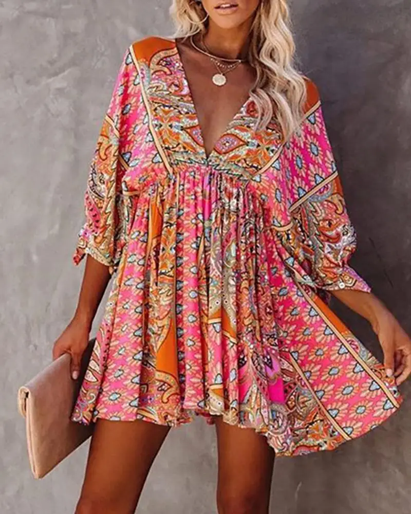 

Retro Printed V-Neck Robe Autumn Beach Elegant Birthday Summer Boho Fashion Party Dresses Flare Sleeve Vestidos Dress for Women