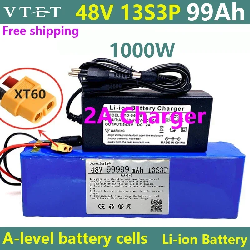 

Новинка 13S3P XT60 48V 99999Ah 1000w 48V комплект литий-ионный батарей 99Ah для электровелосипеда 54,6 v электрический велосипед скутер с BMS + зарядное устройство