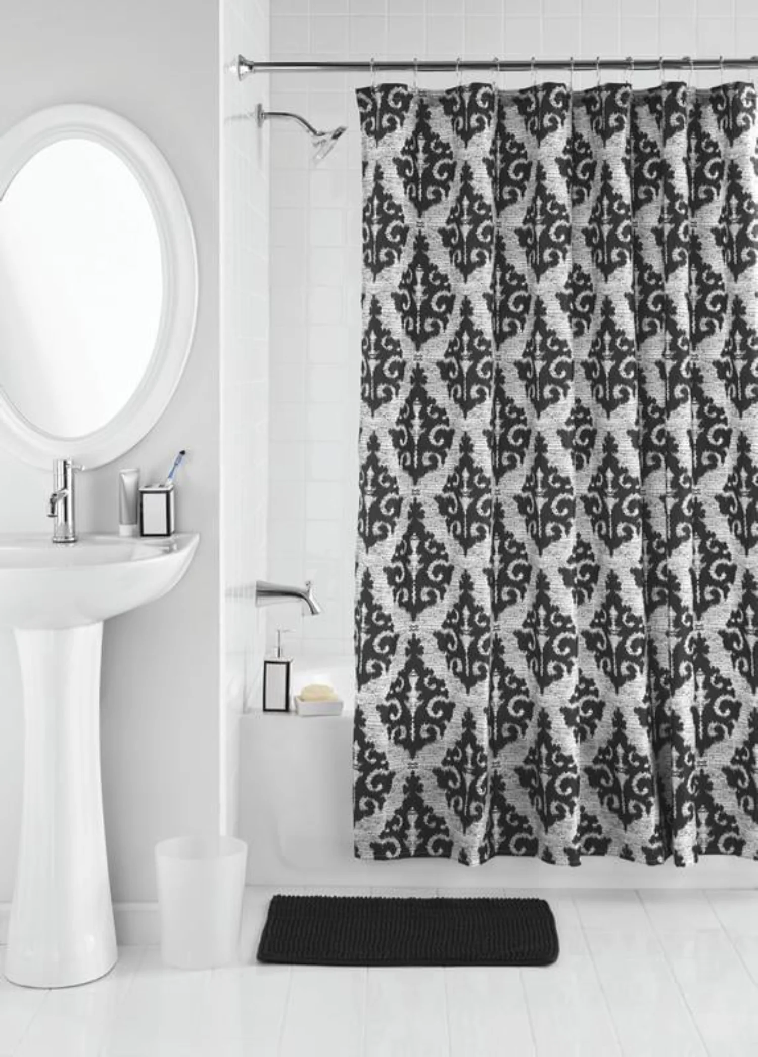 

Mainstays 17-Piece Ikat Damask Print Polyester/Ceramic Bathroom Accessory Set, Black