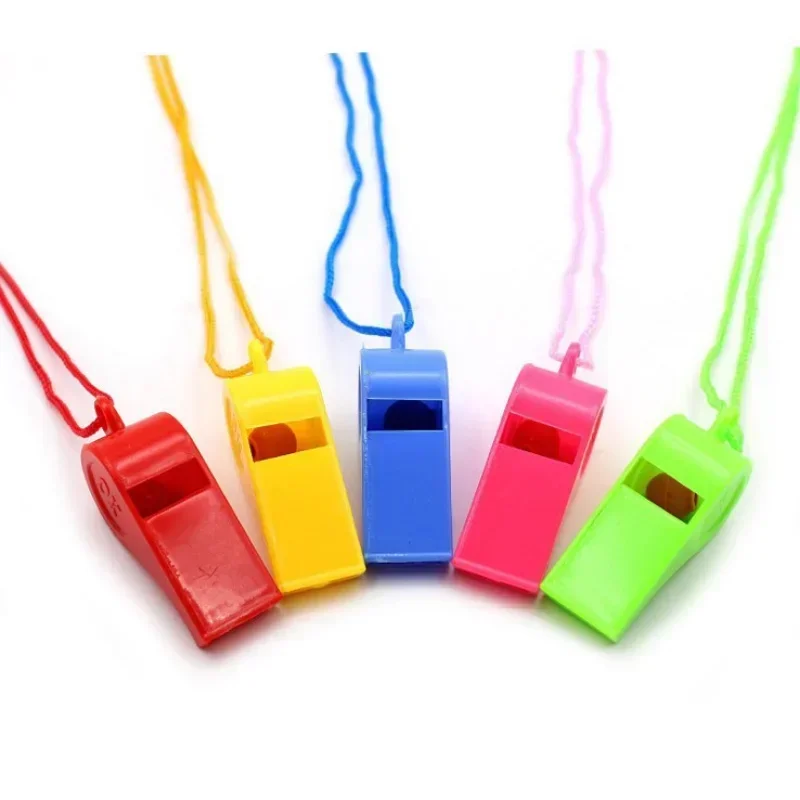 10pcs Mini Plastic Whistle with Rope Children Toys Kids Football Soccer Rugby Cheerleading Whistle Birthday Party Supplies