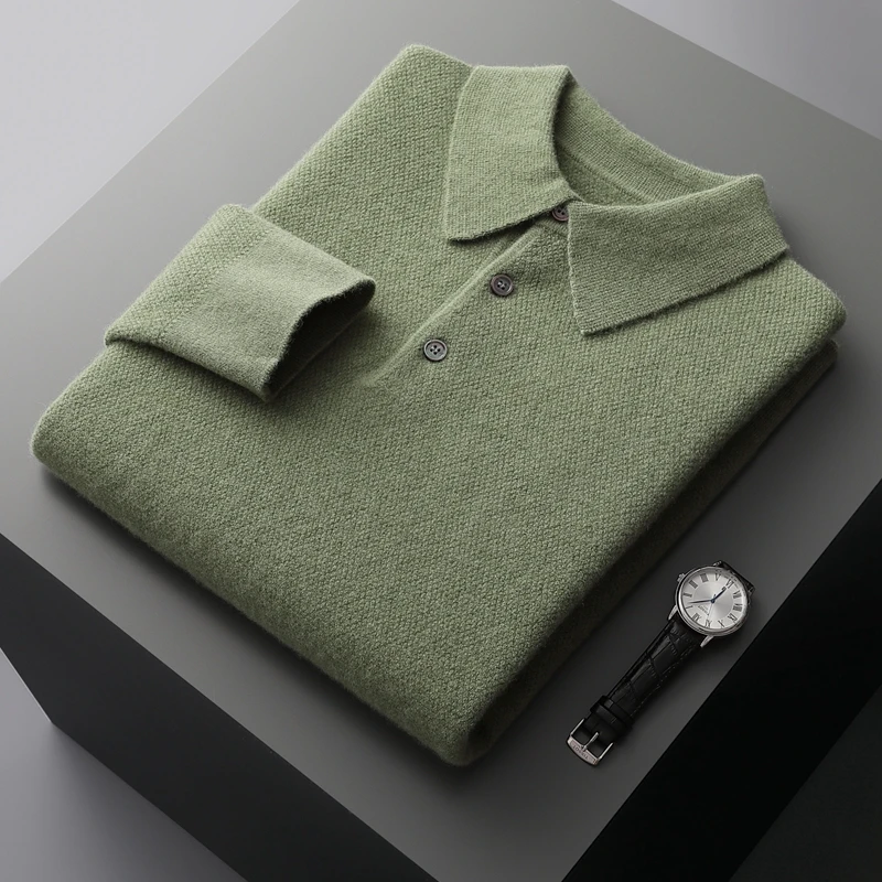 MVLYFLRT-100-Pure-Merino-Wool-Men-s-POLO-Collar-Pullover-Autumn-Winter ...