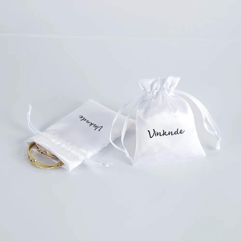 

9x12cm Custom Logo Luxury White Silk Jewelry Gift Bags Satin Drawstring Packaging Pouch for Necklace Earrings Wedding Favor Bags