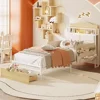 Twin Bed Frame with Guardrail & Bedside Caddy,Multifunctional Headboard with Charging Station,Metal Platform Bed, White 1