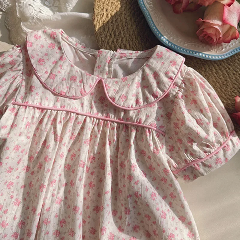 New Summer Sister Clothing 2-7Yrs Baby Girl Birthday Party Dress Short Sleeved Cotton Flower Print Kids Princess Dresses