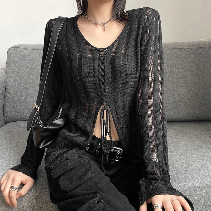 Goth Dark Mall Gothic See Through Bandage Blouse Grunge Black Casual Sexy Knitwear T-shirt Y2k Long Sleeve Streetwear Women Tops