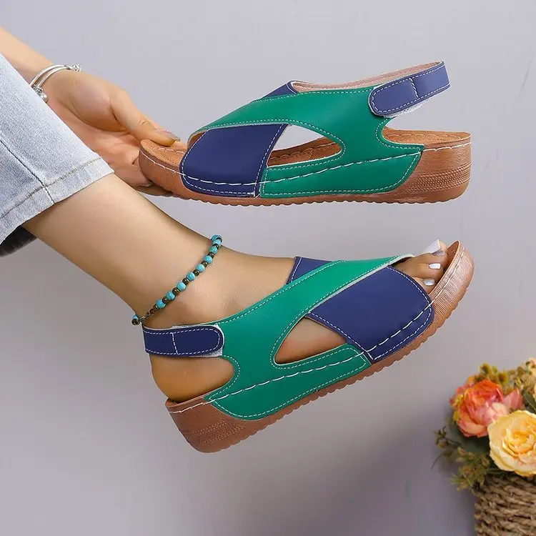 Women Wedge Sandals Contrast Color Peep Toe Slingback Soft Sole Comfy Outdoor Summer
