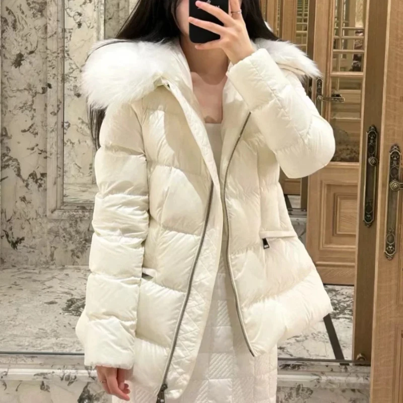 thumbnail image 1 of Chaqueta de plumón para mujer, abrigos de invierno nuevos, abrigos acolchados sencillos con cintura estrecha, abrigos de plumón gruesos y cálidos de longitud media con cuello de piel grande, 1 of 5