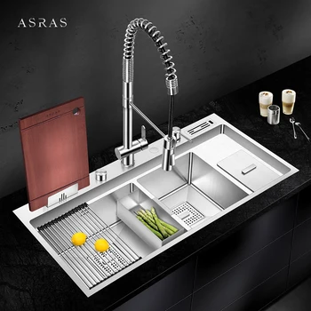 ASRAS อ่างล้างจานคู่ SUS 304 สแตนเลส 4 มม.ความหนา Handmade แปรงขนาดใหญ่ 2 ชามอ่างล้างจานพร้อมถังขยะ 1