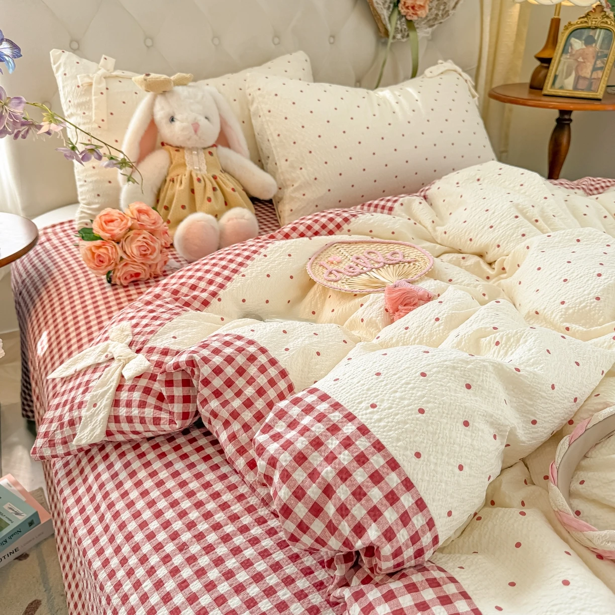 3/4Pcs Bedding Set Plaid Polka Dot Cotton Bedding Princess-Style For Home Double Bed Duvet Cover Bed Sheets With Pillowcase 3