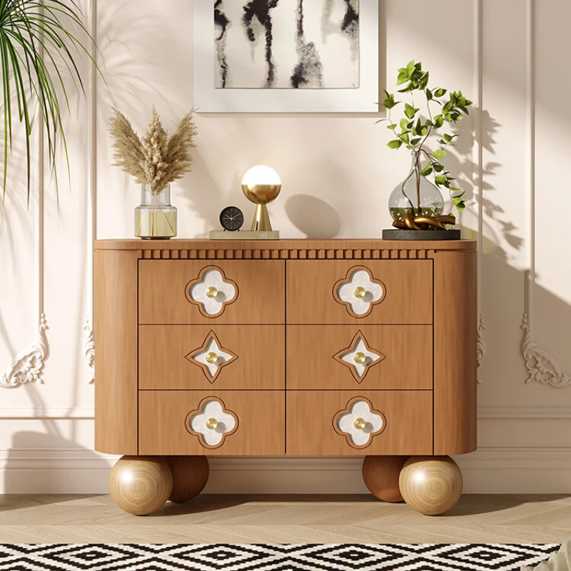 Nordic vintage chest of drawers, four-leaf clover, solid wood chest of drawers, storage cupboards, bedrooms, retro storage