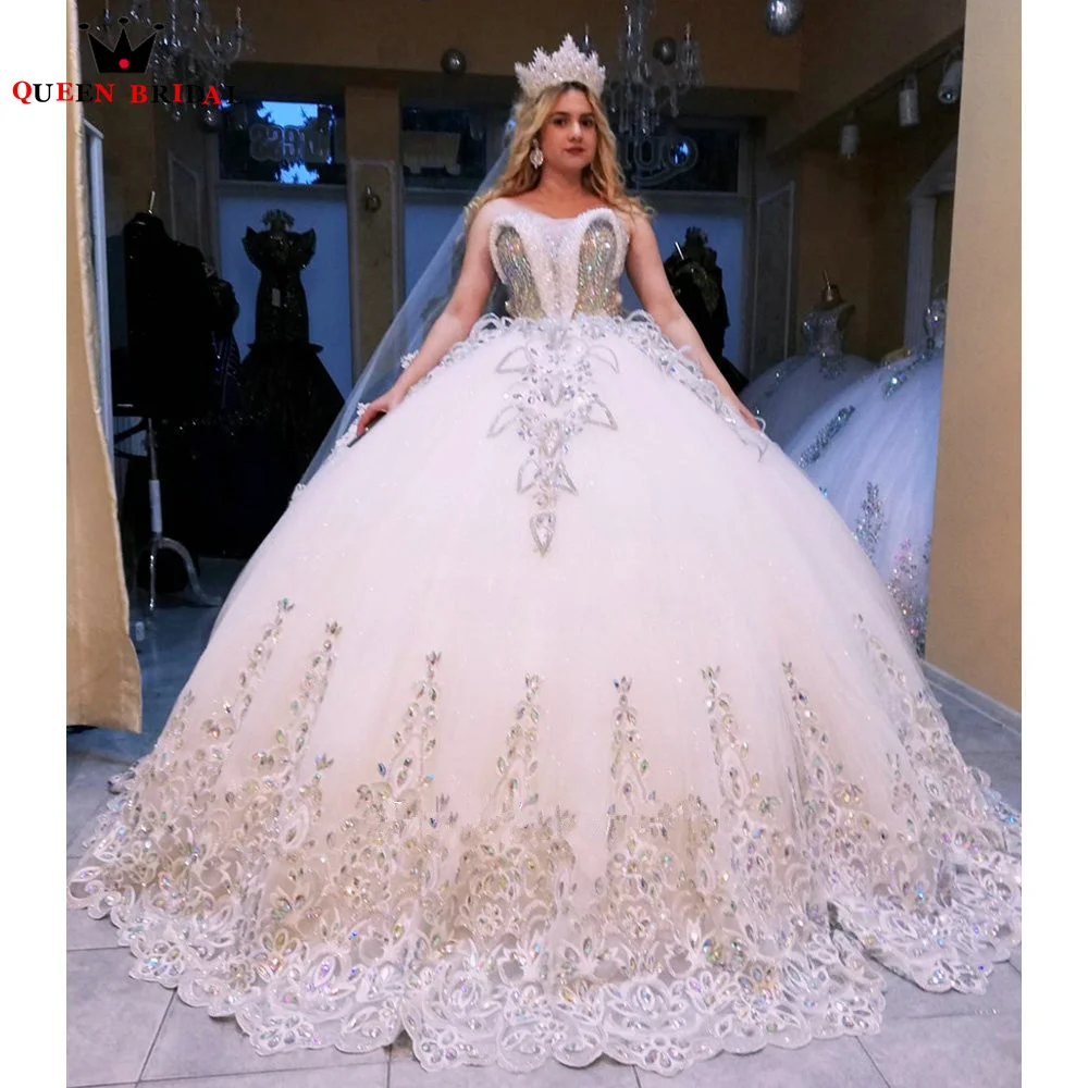 

Luxury Puffy Ball Gown Sweetheart Weddding Dresse Tulle Lace Crystal Beaded Diamonds Plus Size Long Formal Bridal Gowns SD68