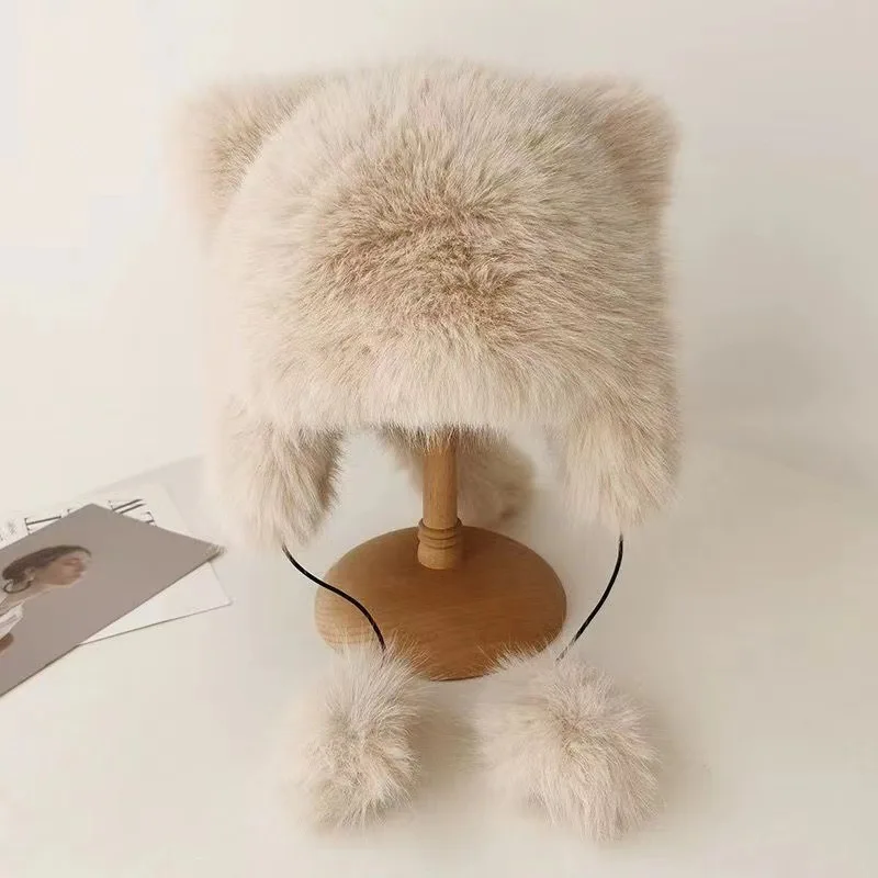 2-8Y Kids Plush Russian Plush Hat Winter Mongolian Hat Thicken Kids Raccoon Tail Hat for Kid Teens Keep Warm Cap Child Beanies