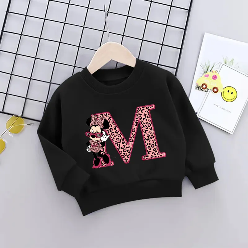 

Minnie Mouse Girl Boy Sweatshirts Disney Letter A B C D Leopard Print Pullover Children Cartoons Kawaii Kids Casual Clothes Tops