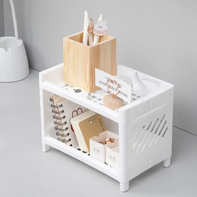Storage Racks 1PC PP Desktop Double Layer Storage Rack Rectangular White Organizing Student Desk Office Cosmetics Stationery