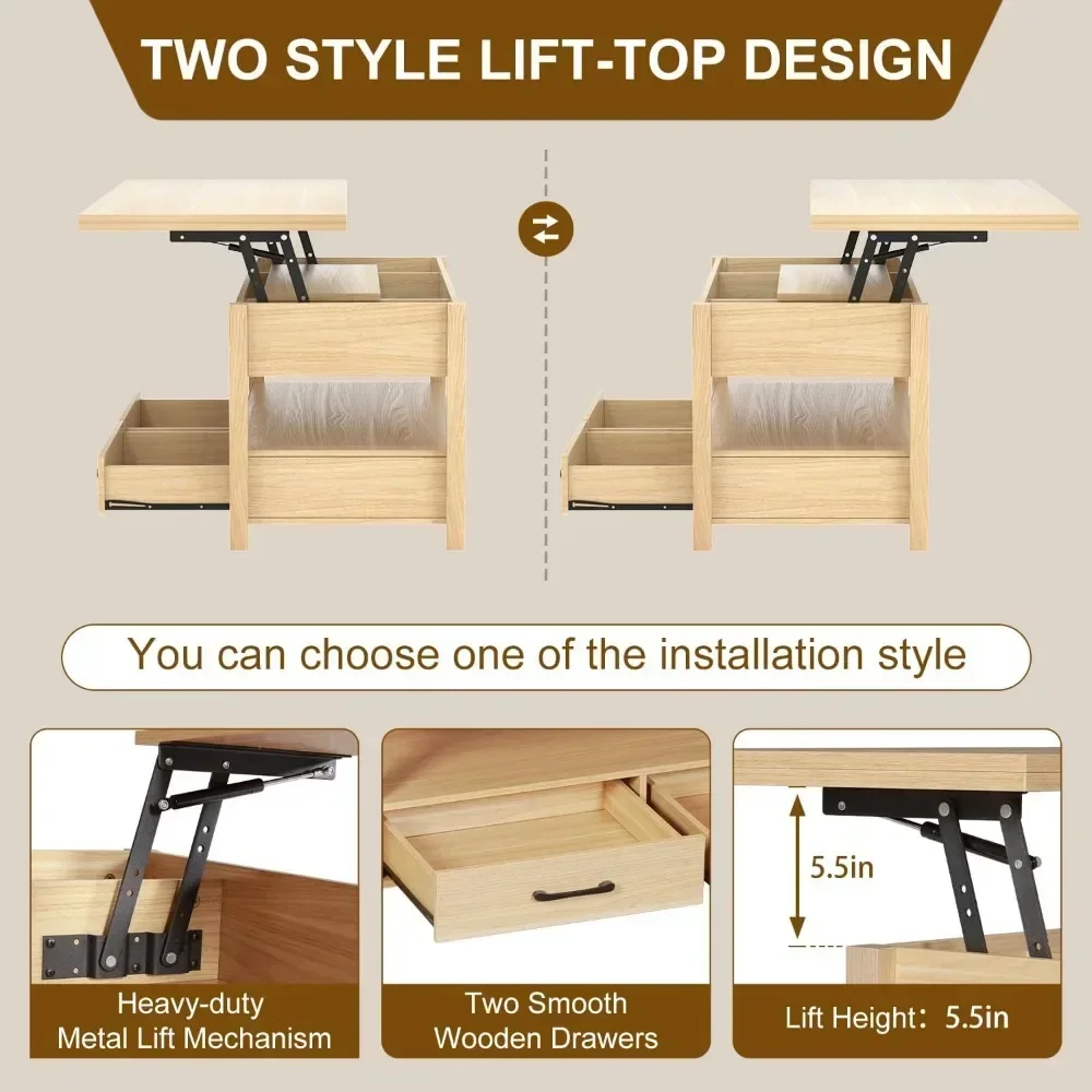 3-in-1 Multifunctional Coffee Table with Drawers and Hidden Compartments, Coffee Table Converts to Dining