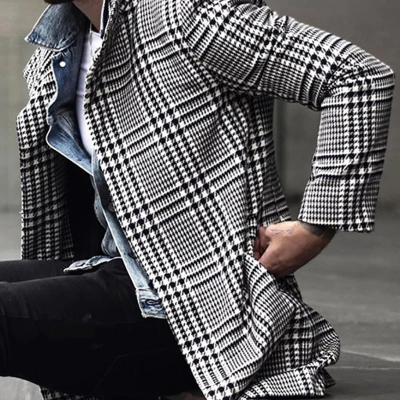 Checkered Lapel Wind Coat Men Loose Comfortable Retro Fashionable Versatile Single Breasted Autumn Winter New Mid Length Jacket