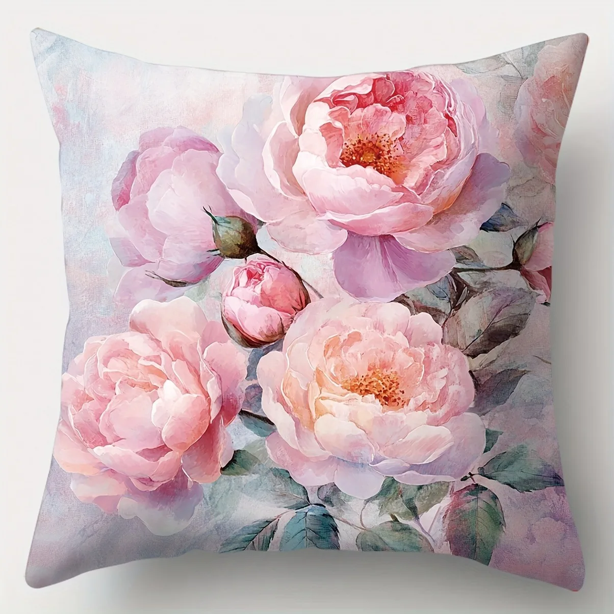 Close-up pink peony artwork on a pillow cover