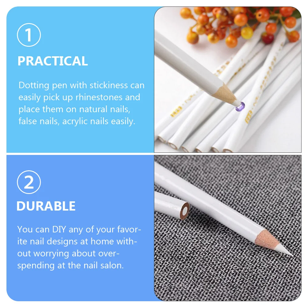 12 Pcs White Pencil Nail Diamonds Rhinestones Tools Gems Picker Point Wax Manicure Dotting Glue 3