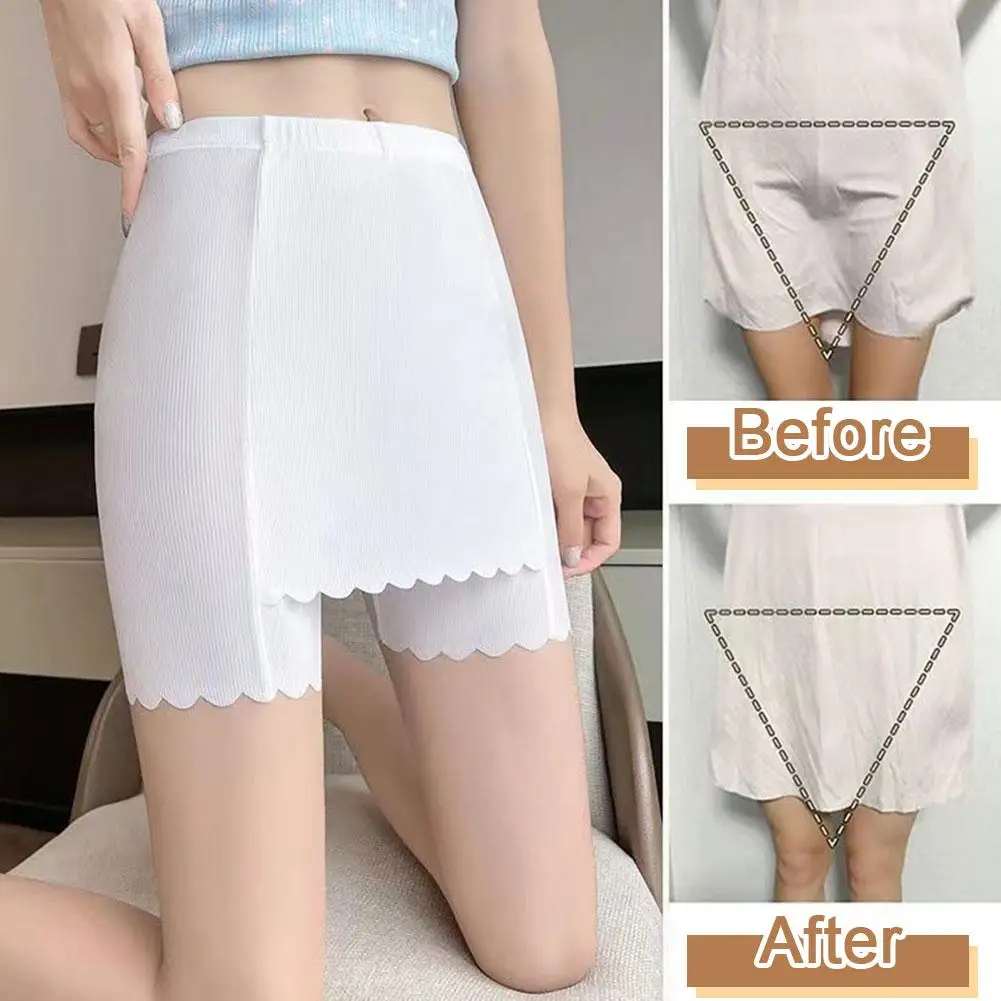 Double Layer Ice Silk Safety Pants Summer Women Invisible Under Skirt Shorts Front Crotch Anti-Chafing Underwear Shorts 2 Size safety shorts safety pants