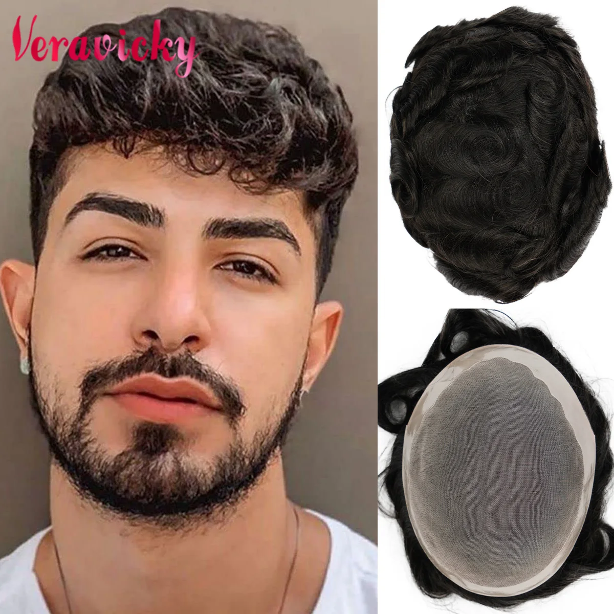 

Human Hair Men Toupee Wigs Fine Mono NPU Men's European Human Hai Natural Hairline Hairpieces PU Replacement System Men Wig