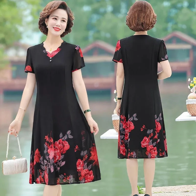 

Middle Aged Elderly Mothers Chiffon Printing V-neck Dresses Middle Age Mom New Summer Attire Chiffon Printing V-neck Vestidos