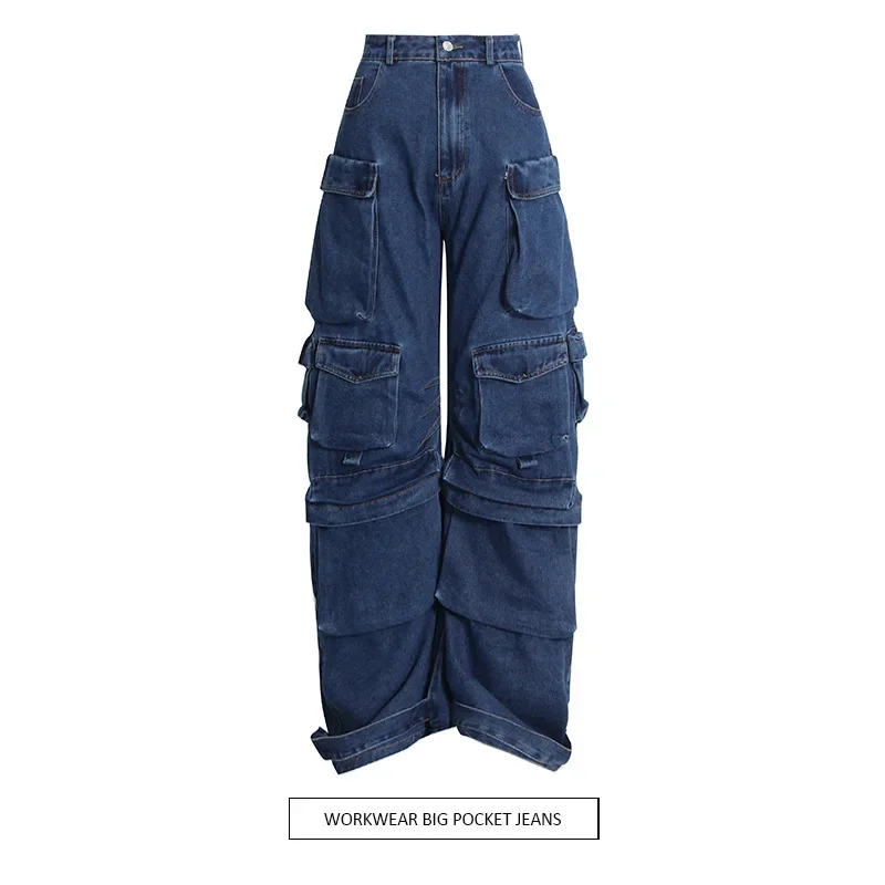 

Autumn And Winter Casual Multi Pocket Hip Hop Jeans Women's High Waist Straight Pants Comfortable Loose Denim Pants Streetwear