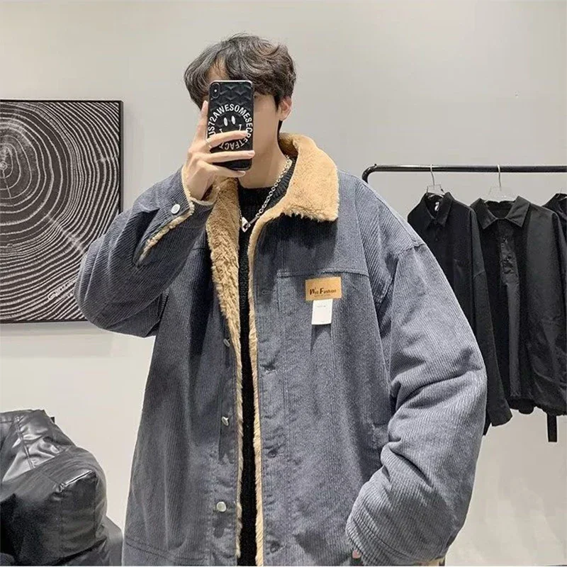 Lamb Wool Cotton Jacket for Men and Women Couples Retro Casual Cotton Jacket Trend Ins Loose Lapel Solid Color Personalized Top