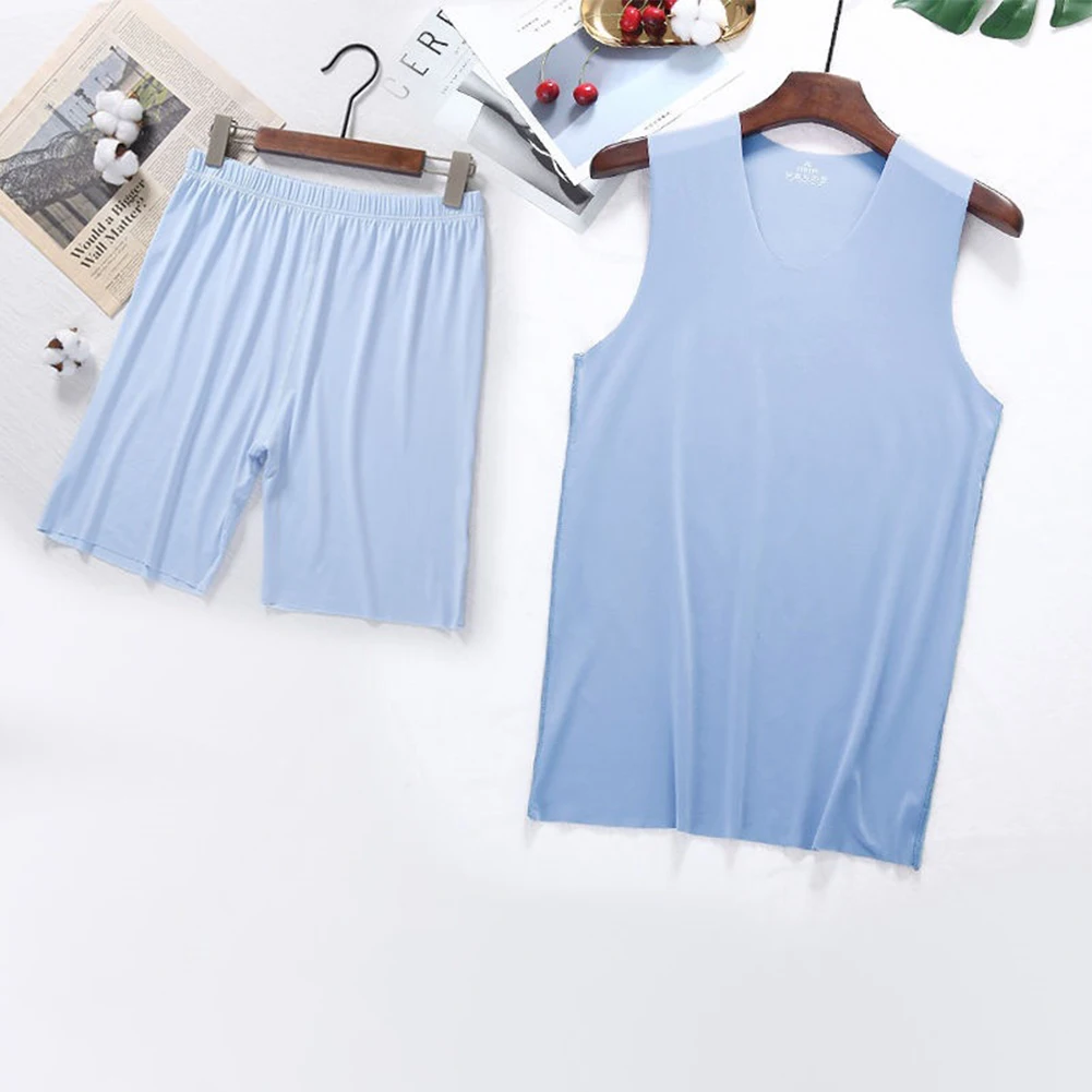 

Tops +Short For Men Men\\'s Ice Silk Sleepwear Sleeveless Vest and V Neck Tank Top & Short Set for Casual Comfort