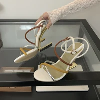 Aneikeh Summer Fashion Fretwork Heels Cross Striped Color Blocked High-heeled Sandals Women Ankle Buckle Strap Gladiator Shoes - Image 5