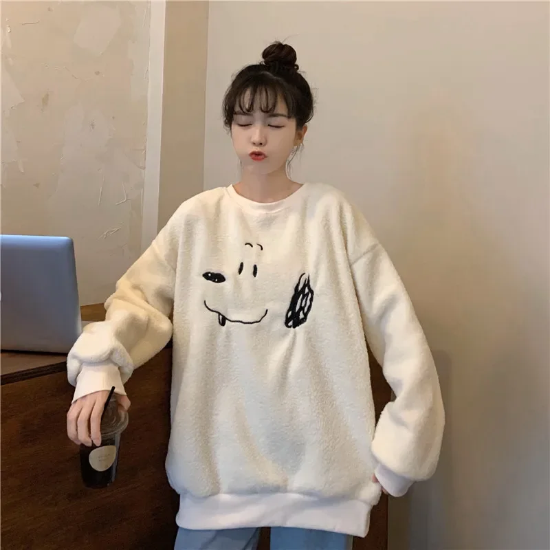 Winter New Arrivals Women Hoodie Sweatshirt Sweet Girly Style Apricot Lamb Wool Embroidery Cute Puppy Female Loose Pullover