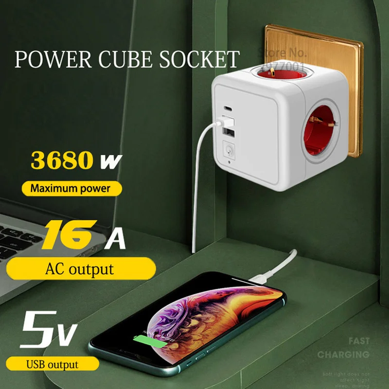 4 Eu AC Outlets Power Strip Multiple Cube Plug 3 USB-A Output Electrical Socket with Switch USB C Surge Protector Home Adapter Power Strip