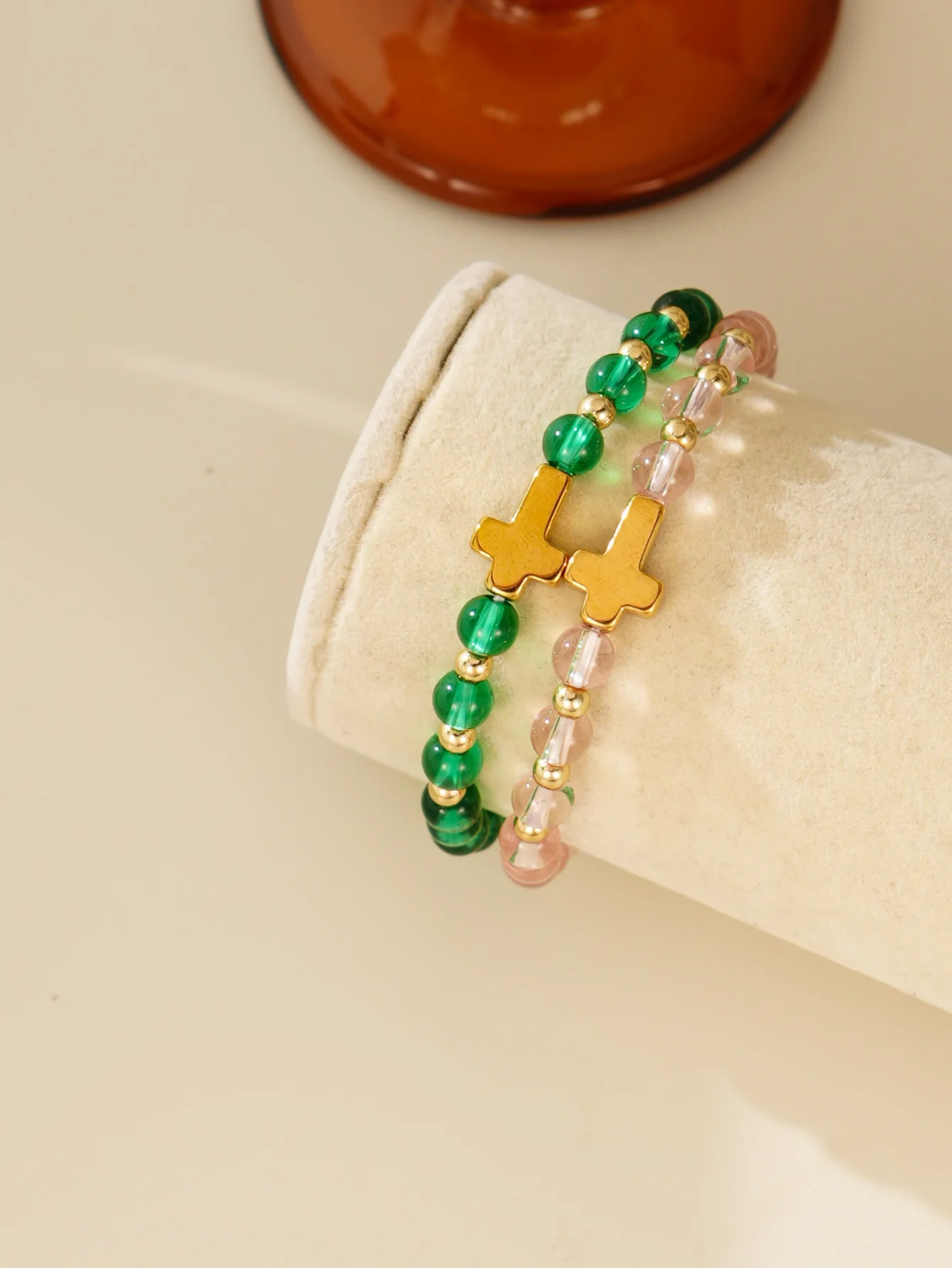 2pcs Minimalist Plastic Bead Cross Design Elastic Bracelet for Women