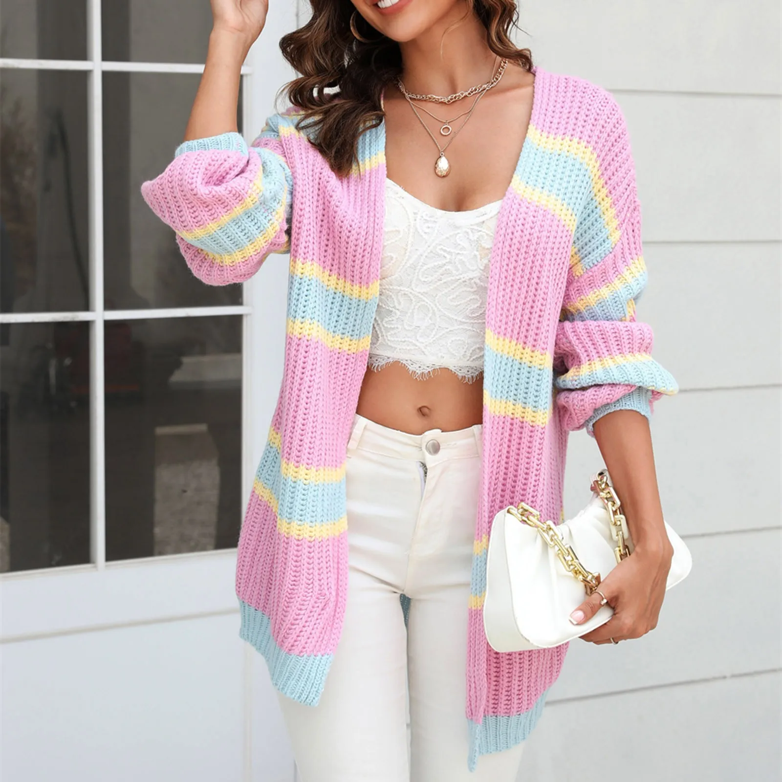 

Fashion Casual Splice Cardigan Sweater Woman V neck Open Stitching Long Sweater Knitwear Jumper Holiday Outwear