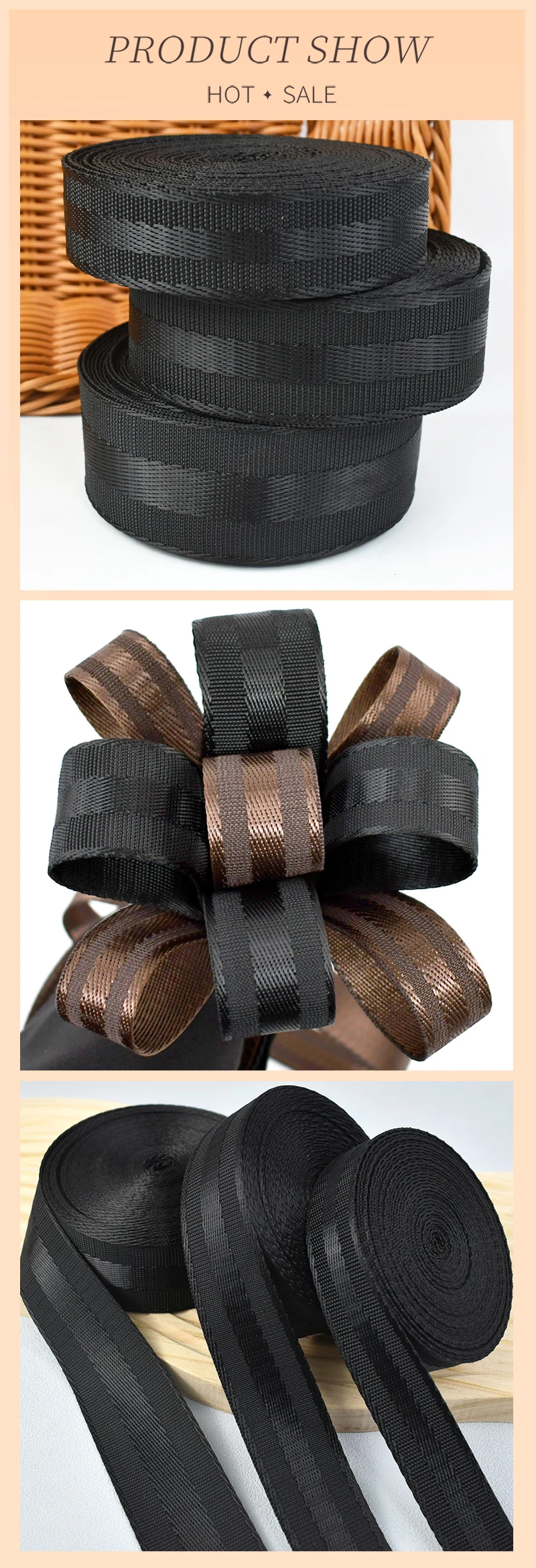 Description Picture 6 of item1-5M 25/32/38mm Nylon Webbing 1.2mm Thick Black Car Seat Belt Backpack Strap Sling Band Sewing Braid Binding Trim Hand Accessory