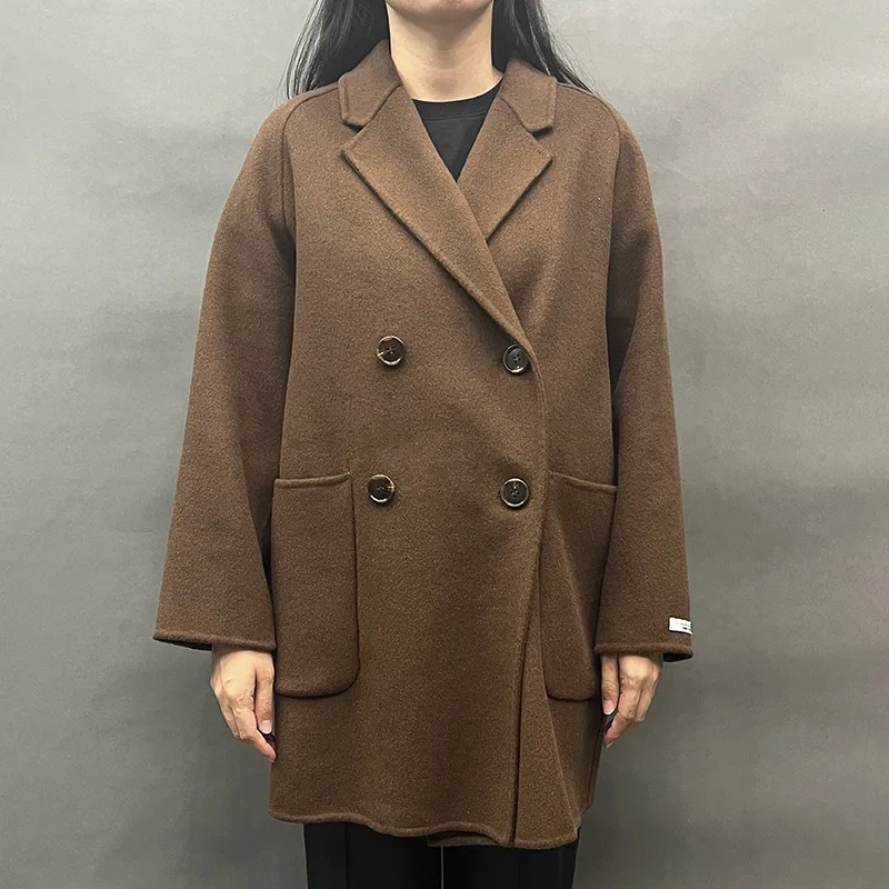 

Lady Elegant Cashmere Wool Coats 2023 New Winter Medium Overcoat Women Trench Coat Real Wool Turn Down Collar WB5799S