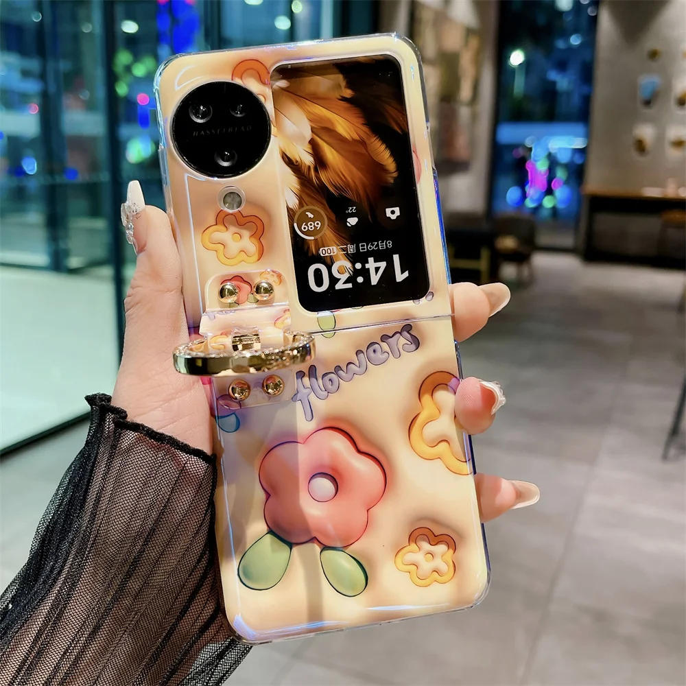 Ring Blue-ray 3D Flower Phone Case For OPPO Find N2 N3 Flip PC Protective Shell Cover