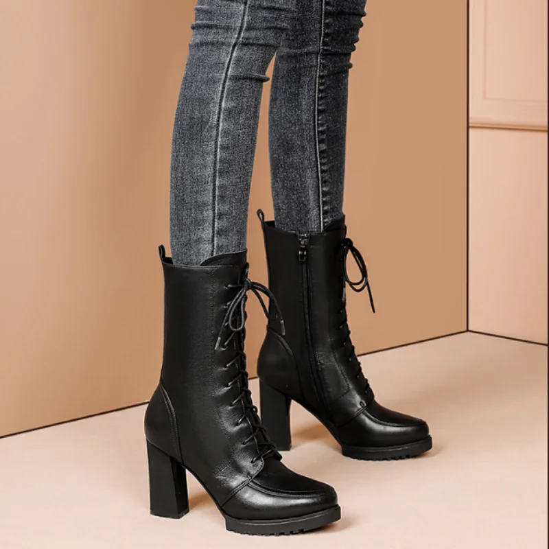 Autumn Winte Boots Women's Sexy High Heel Shoes of Women Mid-calf Boots Lace-Up Boots Anti-slip Warm Boots Fashion Zipeer Boots