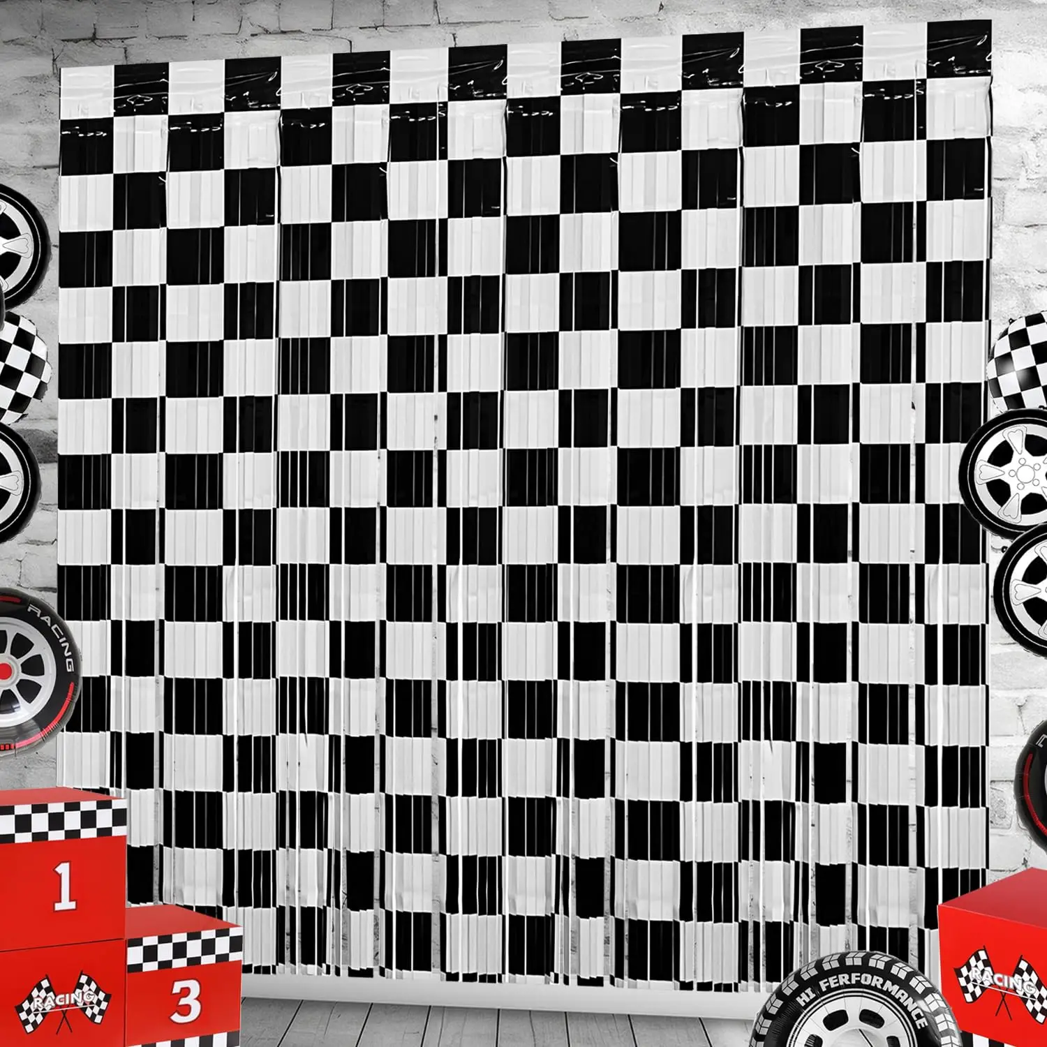 1 x 2 m schwarz-weiß karierter Folienvorhang, metallisches Lametta, Fransenvorhänge, Hintergrund für Rennwagen, Geburtstag, Party, Dekoration, Hintergrund