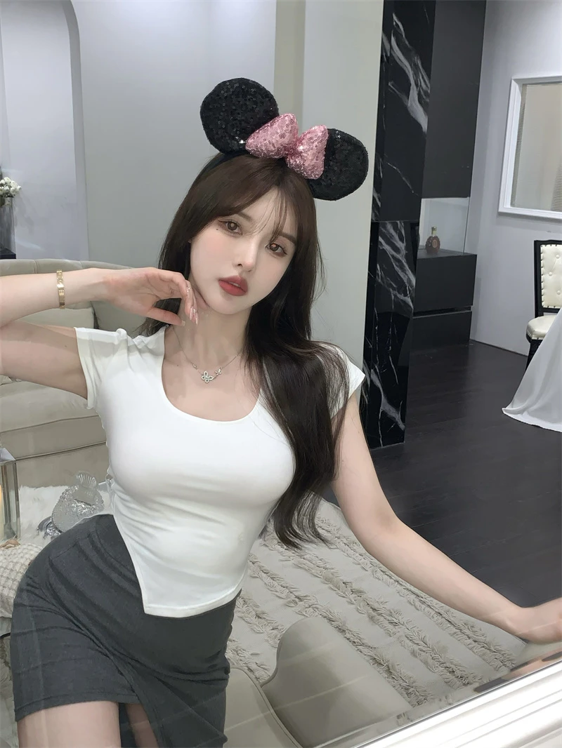 Summer Korean Fashion Y2K T-shirt Woman Japane Crop Top U-neck Split Sexy Red Pink White Tee Shirt Women Vintage767_voghion.com